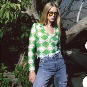 Zara Green & White Crocheted Top